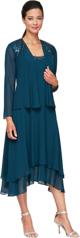 Women's Mother of The Bride Dress with Embellished Neckline & Shoulder