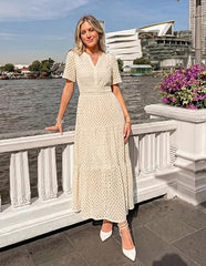 Women's Summer Casual V Neck Eyelet A Line Maxi Dresses