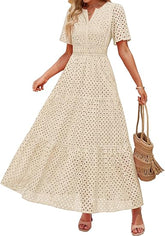 Women's Summer Casual V Neck Eyelet A Line Maxi Dresses