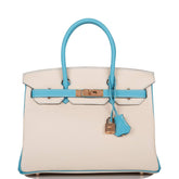 Hermes Birkin 30cm Bi-Color Craie and Bleu Atoll Togo Rose Gold Hardware