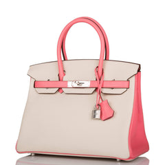 Hermes Birkin 30cm Bi-Color Craie and Rose Lipstick Clemence Palladium Hardware