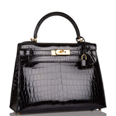 Hermes Black Shiny Niloticus Crocodile Sellier Kelly 28cm Gold Hardware