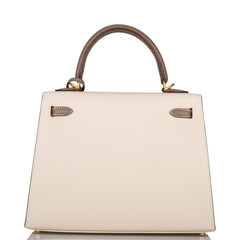 Hermes Kelly 25cm Bi-Color Craie and Etoupe Epsom Sellier Brushed Gold Hardware