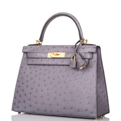 Hermes Kelly 28cm Bi-Color Gris Agate and Gris Perle Ostrich Sellier Brushed Gold Hardware