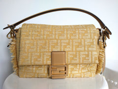 Fendi Beige FF Medium Mamma Baguette Bag - Fabric with Raffia