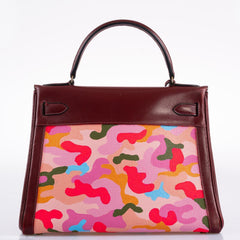 Vintage Hermes Kelly 28 Retourne Rouge H Calf Box & Toile Camouflage Painting