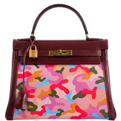 Vintage Hermes Kelly 28 Retourne Rouge H Calf Box & Toile Camouflage Painting