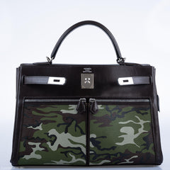 Vintage Hermes Kelly Lakis 35 Chocolate Box & Toile Camouflage Painting Palladium Hardware