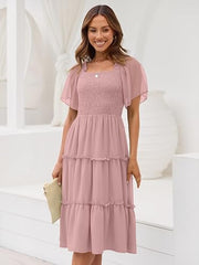 Women Tiered Flutter Sleeve Square Neck Smocked Midi Dress