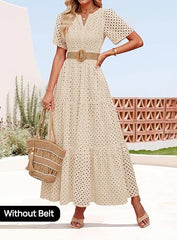 Women's Summer Casual V Neck Eyelet A Line Maxi Dresses