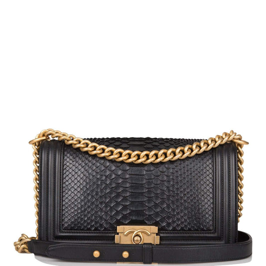 Chanel Black Python Medium Boy Bag Antique Gold Hardware