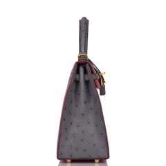 Hermes Horseshoe Stamp (HSS) Bi-Color Rose Pourpre and Gris Agate Ostrich Sellier Kelly 25cm Brushed Gold Hardware