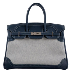 Hermes Ghillies Birkin 35 Blue de Prusse Swift & Toile with Palladium Hardware - 2014, R Square