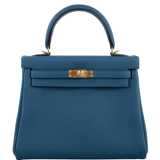 Hermes Kelly 25 Retourne Blue Colvert Togo Gold Hardware - 2016, X