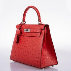 Hermes Kelly 28 Sellier Rouge Vif Ostrich with Palladium Hardware - 2017, A