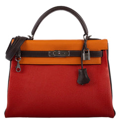 Hermes Kelly 32 Retourne Orange H, Rouge Vif & Ebene Togo with Ruthenium Hardware - 2006, J Square