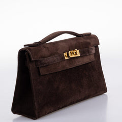 Hermes Kelly Pochette Chocolate Veau Doblis Suede Gold Hardware - 2014, R Square
