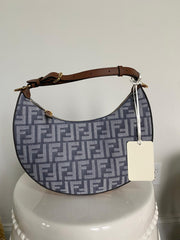 Fendi Blue FF Denim Brown Leather Fendigraphy Small Bag