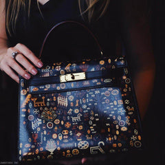 Vintage Hermes Kelly 28 Sellier Black Box Painted "Qashqai" Design with Gold Hardware