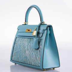 Vintage Hermes Kelly 25 Sellier Blue Atoll Tadelakt with Custom Feather Panel Gold Hardware