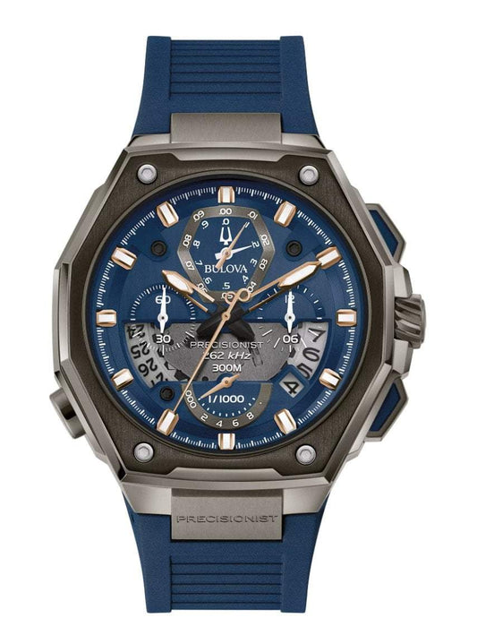 Bulova-Bulova Precisionist Blue Dial Ruber Strap Automatic Watch 98B357