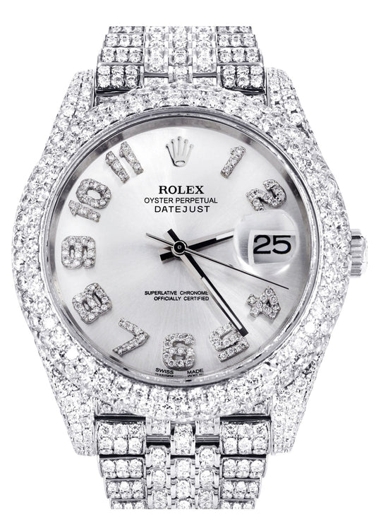 Womens Diamond Iced Out Rolex Datejust 41 | 25 Carats Of Diamonds | Custom Silver Diamond Dial | Two Row | Jubilee Band