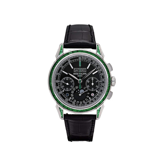 Patek Philippe Grand Complications 5271/13P-001 Perpetual Calendar Moon Phases Platinum Emerald Bezel Black Dial