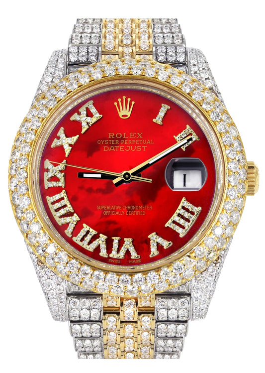 Women's Rolex Datejust 41 – 25ct Iced Out, Red MOP Roman Dial, Two-Tone Jubilee Band