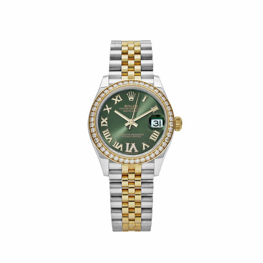 Rolex Datejust 278383RBR 'Ladies' Yellow Gold Stainless Steel Green Roman Dial Diamond Bezel