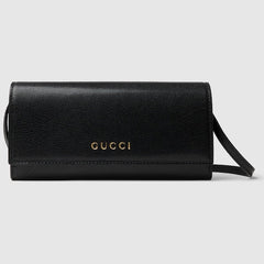 Wallet with strap and Gucci lettering - black leather