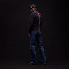 Knit cotton sweater with Web intarsia - dark blue